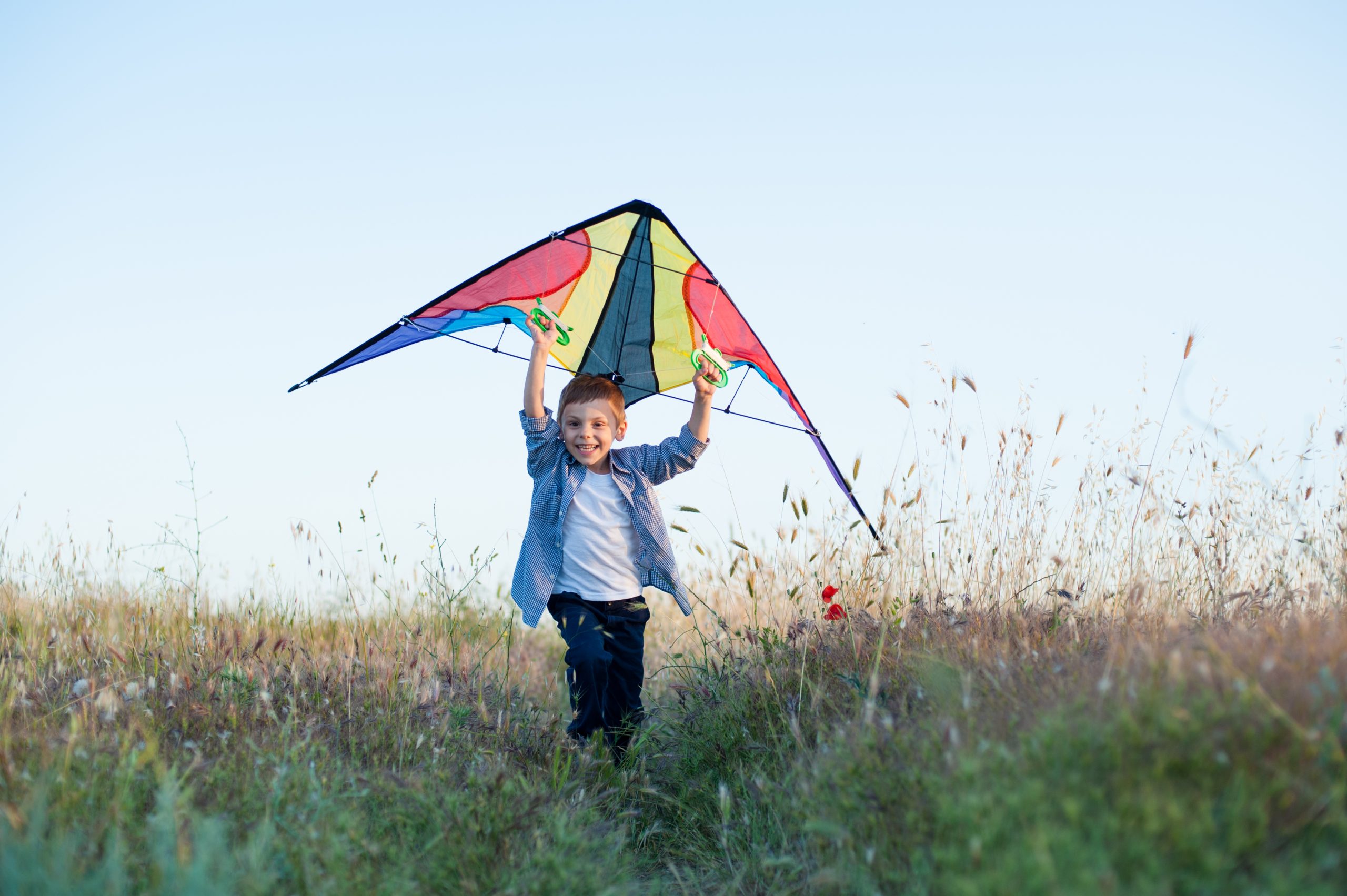 happy handsome small boy running with colorful kite in his hands