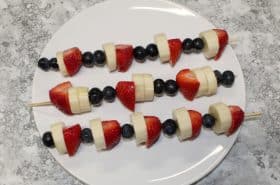 Blueberries, bananas, and strawberries on a skewer to make Fourth of July Kabobs