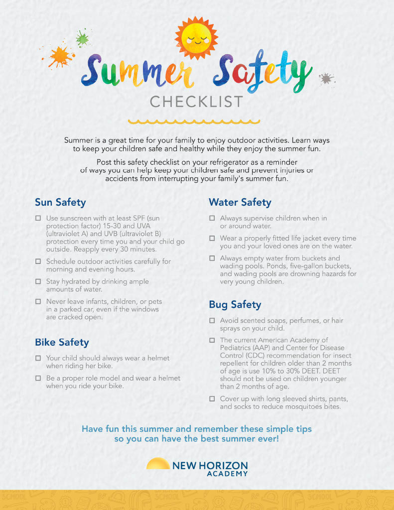 New Horizon Academy summer safety checklist for kids