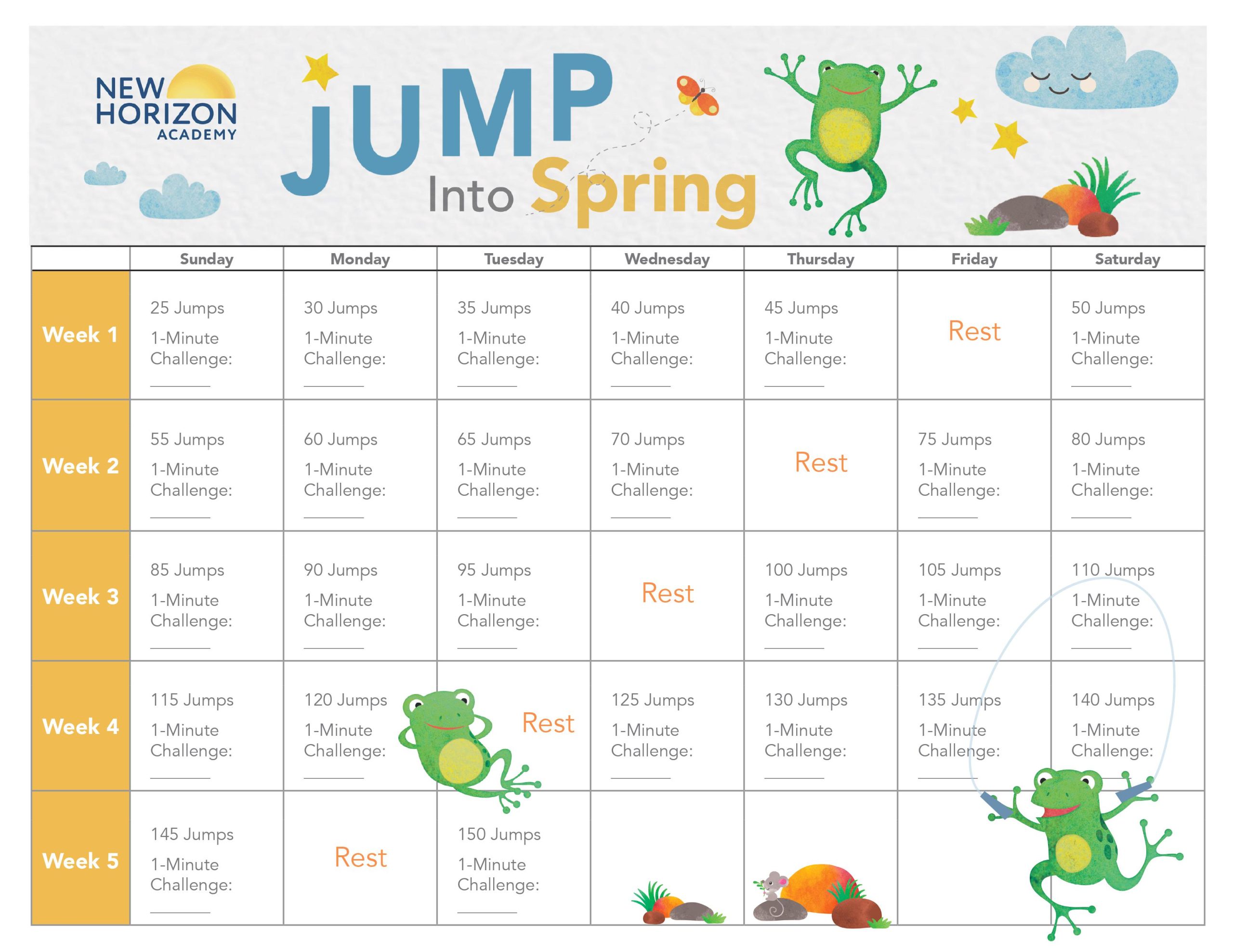 New Horizon Academy's Jump Into Spring activity calendar