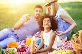 family enjoying a healthy picnic outside
