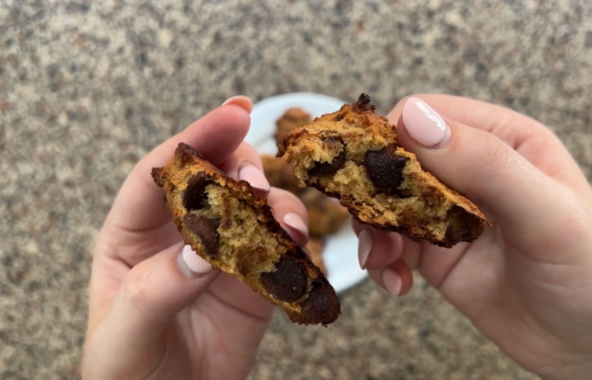 chocolate chip cookie broken in half