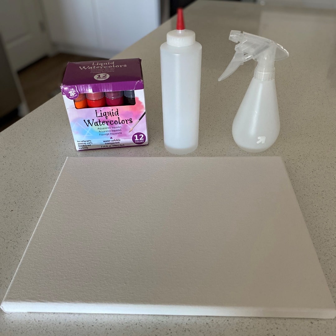 blank canvas, spray bottle, and paint on a table