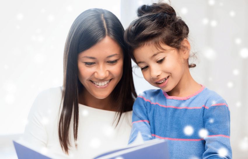 Mother and daughter reading during winter