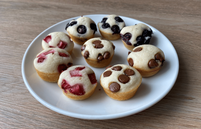 strawberry, blueberry, and chocolate chip mini pancake muffin bites