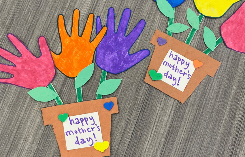 construction paper flower pots and handprint flowers for children's happy mother's day craft