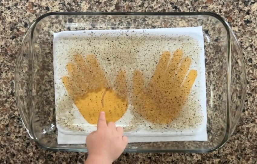 Child trying the handwashing experiment by sticking their finger in dish soap and then in a pepper filled bowl to watch the pepper germs scatter away