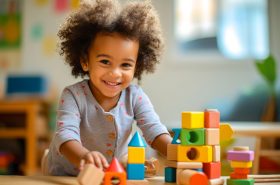 Preschooler building their fine motor skills by playing with blocks