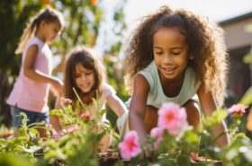 Preschool children playing in garden in the spring