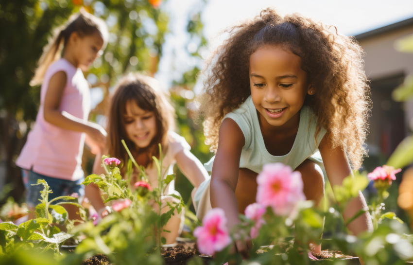 Preschool children playing in garden in the spring