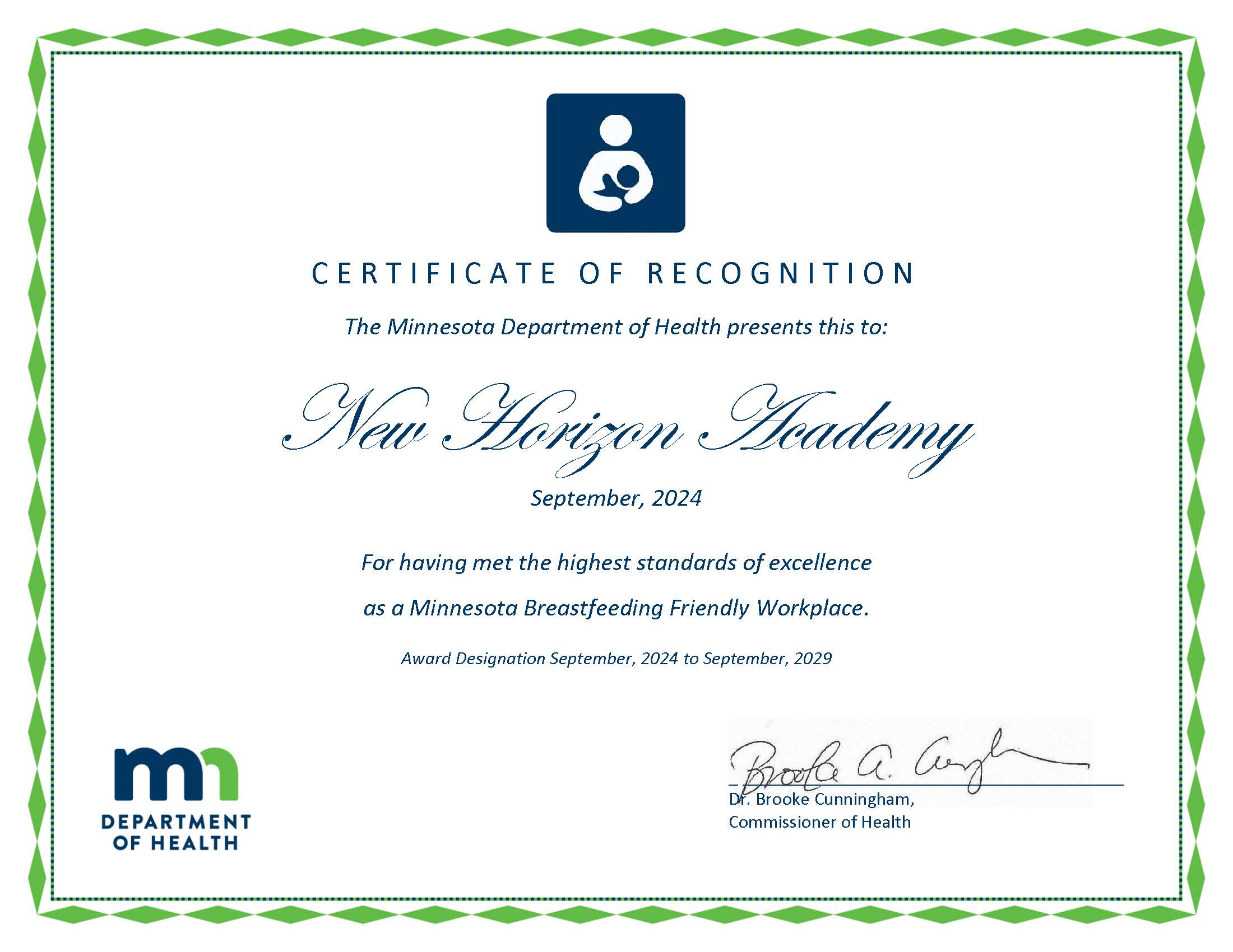 Breastfeeding Friendly Workplace Recognition - New Horizon Academy 2024