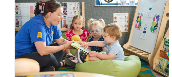 http://Early%20childhood%20teacher%20reading%20to%20three%20toddler%20children%20as%20they%20interact%20with%20the%20story%20during%20group%20time